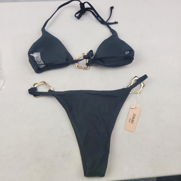 NWT Jimmi Swim black with gold hardware micro bikini in size Large - Picture 3 of 4